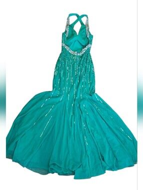Sean Collection Teal Sequin Rhinestone Halter Mermaid Gown – Size S #115